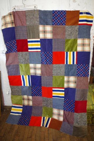 Vintage Awesome Handmade Squares Pieced Unfinished Patchwork Quilt Corduroy