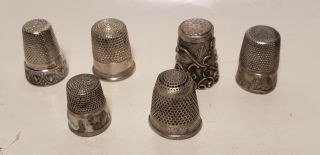 6 Old Antique Thimbles - Sewing - Sterling Silver - Etch - Scenes - Flowers - Names - 3/4in (e)