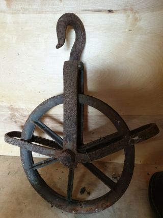 Large Antique Pulley Block & Tackle Dock Factory Industrial Old Wheel Barn Find