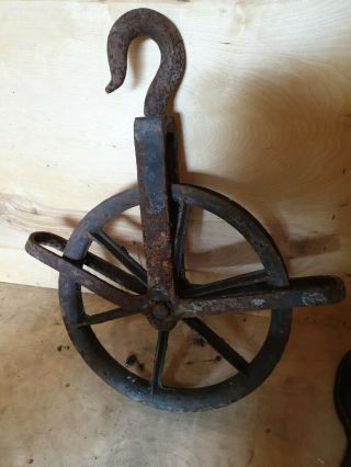 Large Antique Pulley Block & Tackle Dock Factory Industrial Old Wheel Barn Find 6