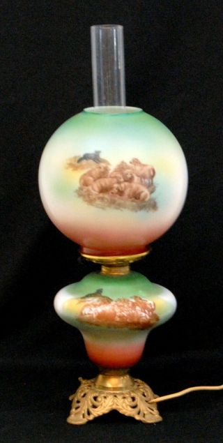 Victorian Gwtw Parlor Oil Lamp W/ Handpainted Sheep & Dogs