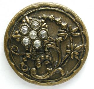 Bb Antique Brass Victorian Era Button W Glass Protrusion Flower Ome 1 & 1/4 "