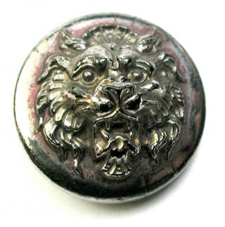 Bb Antique Blk Glass Button Detailed Lion Head W Silver Luster 11/16 " 1890s
