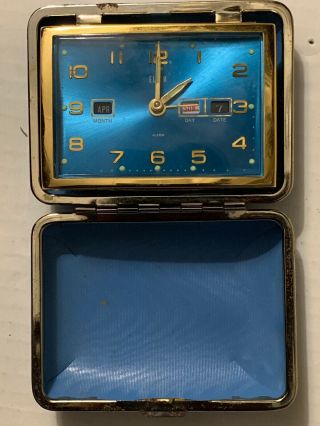 Vintage Elgin Bradley Day Date Month Travel Alarm Clock Blue Japan