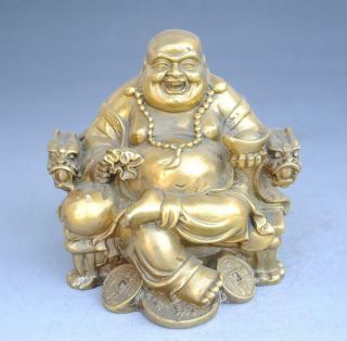 China Old Copper Engraving Happy Laughing Maitreya Sit Dragon Chair Statue E01
