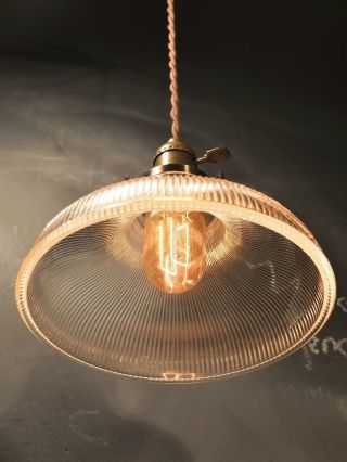 Vintage Industrial Holophane Shaded Pendant Lamp - Hanging Light W/ Ribbed Glass