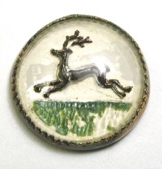 Bb Vintage Glass Button Reverse Molded Leaping Deer Htf 1/2 "