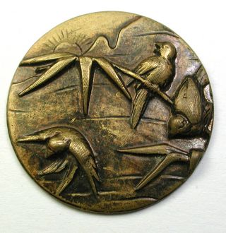 Bb Antique Stamped Brass Button 2 Birds On Branches W Rising Sun 1 " 1890s
