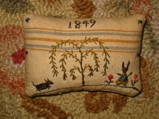 Primitive Tiny Sampler Pillow 1849 Ms.  Rabbit & Her Dog Willow Tree Folk Art