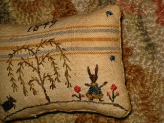 Primitive tiny Sampler Pillow 1849 Ms.  RABBIT & HeR DOG WILLoW TREE Folk Art 2