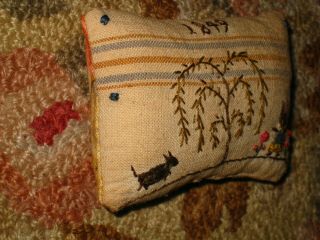 Primitive tiny Sampler Pillow 1849 Ms.  RABBIT & HeR DOG WILLoW TREE Folk Art 3