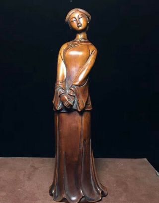 Collectable Boxwood Carve Wear Cheongsam Meditation Belle Old Handwork Statue