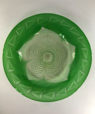 Durand Art Glass Plate,  Green With White Pulled Feather Design And Etchings