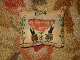 Primitive Tiny Sampler Pillow 1824 Two Black Rabbits Old Feedsack - Quilt Folk Art