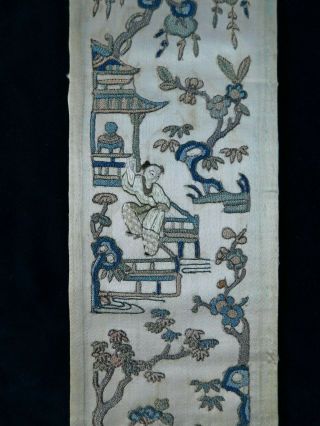 ANTIQUE CHINESE EMBROIDERED SILK SLEEVE PANEL,  PEOPLE / BRIDGES / FLOWERS 3