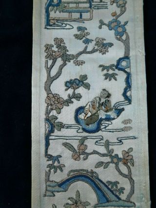 ANTIQUE CHINESE EMBROIDERED SILK SLEEVE PANEL,  PEOPLE / BRIDGES / FLOWERS 4