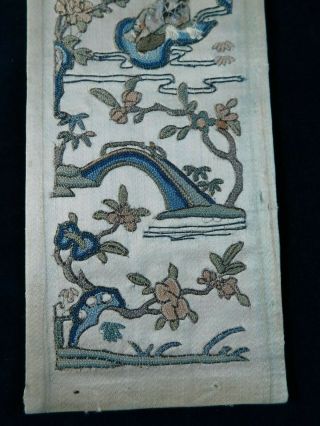 ANTIQUE CHINESE EMBROIDERED SILK SLEEVE PANEL,  PEOPLE / BRIDGES / FLOWERS 5