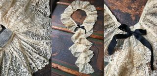 Vtg Antique Edwardian Lace Ruffle Collar Cream Black Silk Ribbon Euc