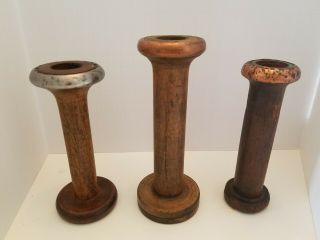 3 Vintage Antique Wooden Bobbin Sewing Spindles Spools Industrial