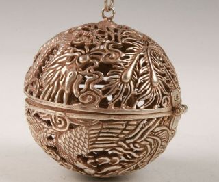 Antique Chinese Tibetan Silver Pendant Incense Ball Hollow Dragon Phoenix Mascot