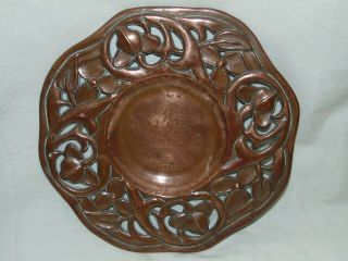 Unusual Antique Arts & Crafts Pierced Stylised Leaf Design Copper Dish Plate