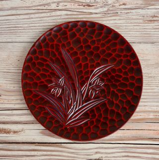 Vintage Japanese Red Lacquer Ware Wooden Hand Carved 8 " Plate Japan