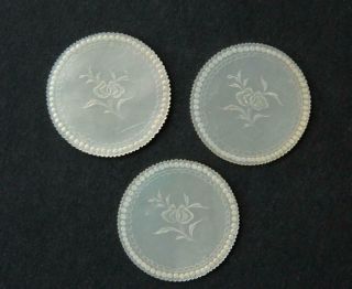 3 Antique Chinese Carved Circular Mother Of Pearl Pagoda Jasmine Gaming Chips