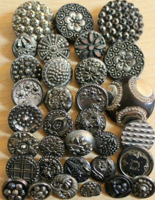 33 Black Glass Silver Lustre Buttons Flowers,  Geometric,  Pictures,  Cut Steels