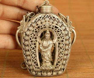 Asian Old Tibet Silver Hand Carved Kwan - Yin Dragon Statue Snuff Bottle Noble Gif