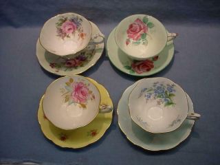 4 English Teacups & Saucers - Paragon,  Royal Albert,  Elizabethian,  Queen Anne