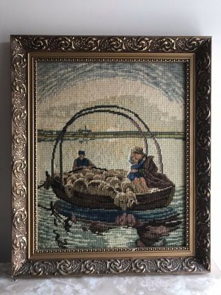 Vintage Tapestry Picture Gold Frame,  Fisherman Dogs And Children.