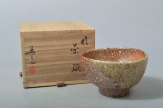 T5748: Japanese Shigaraki - Ware Tea Bowl Rakusai Takahashi Made W/signed Box