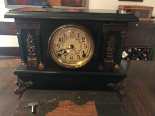 Vtg Antique Sessions 4 Column Mantle Clock Runs,  Chimes W/ Key,  Pendulum