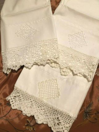 3 Pristine Handmade Crisp White Crochet Lace Antique Pillowcases Cottage Chic
