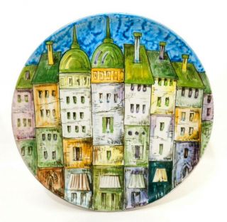 Minghetti Bologna,  Italy Vint Signed Modern Cityscape Hand Painted Ceramic Plate