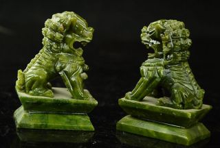 Rare A 100 China natural green jade hand - carved statues fo dog lion 3