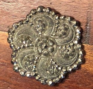 Antique Button Large Lovely Lacy Black Glass W Flowers & Silver Luster,  1 7/16 "