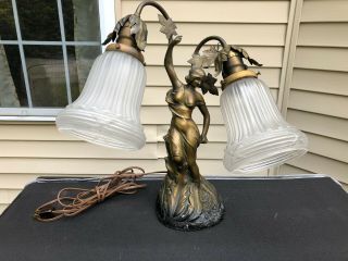 Vintage Art Nouveau Faux Bronze Spelter Figural Woman Double Socket Table Lamp