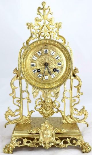 Antique 19th c French Gilt Pierced Bronze Mantle Clock Garniture Set 2