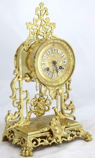 Antique 19th c French Gilt Pierced Bronze Mantle Clock Garniture Set 4