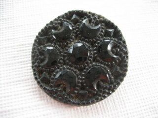 Vintage Large 1 - 1/4 " Black Glass Crescent Shapes Round Button Brass Shank - G87
