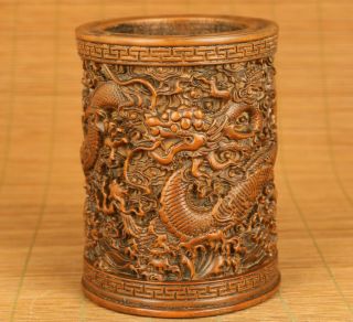 Chinese Old Boxwood Hand Carved Dragon Statue Noble Brush Pot Table Decoration