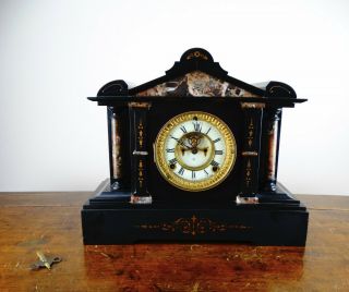 Antique Victorian Mantel Clock By Ansonia In Black Slate & Marble Striking 8 Day