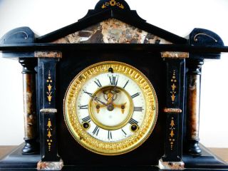 Antique Victorian Mantel Clock by Ansonia in Black Slate & Marble Striking 8 Day 4