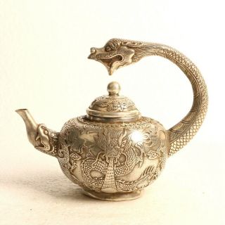 Chinese Silver Copper Hand Carved Dragon Teapot W Daming Dynasty Xuande Mark