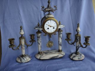 Antique Japy Freres Gilded Marble Mantel Set With Candelabras Chime