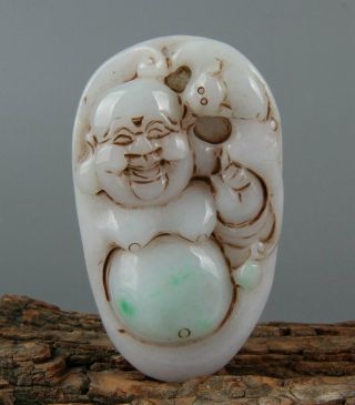 Chinese Exquisite Hand - Carved Buddha Bat Carving Jadeite Jade Pendant