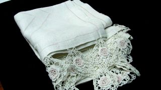 Antique Early 1900s Set 3 Linen Irish Crochet Display Bathroom Towels