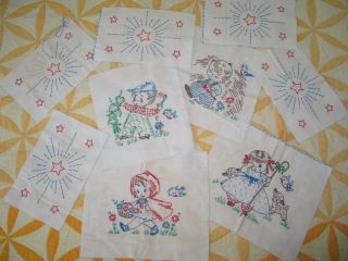9 - Darling Antique Vintage Hand Embroider Quilt Blocks Cotton - Nursery Rhyme