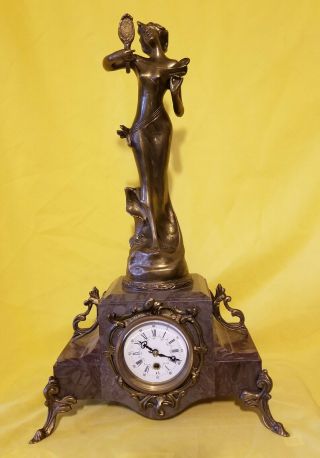 Antique European Style Marble Clock Lady With A Mirror 22 " Tall